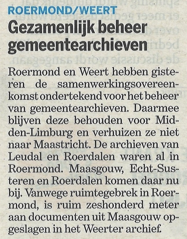 Bericht in De Limburger samenwerking gemeentearchieven Roermond-Weert