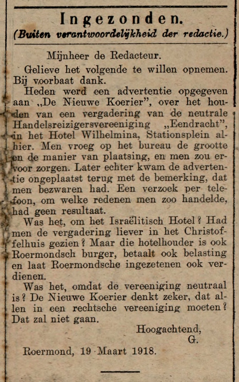 lezersbrief over antisemitisme ingezonden-brief-antisemitisme-tegen-hotel-wilhelmina